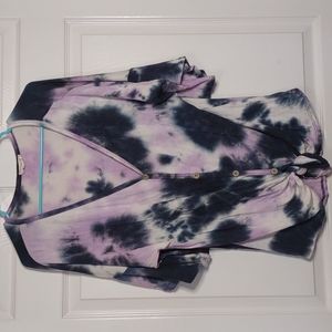 Sweet Love Tie-dye Purple and Navy Blue button down front tie top, size Large